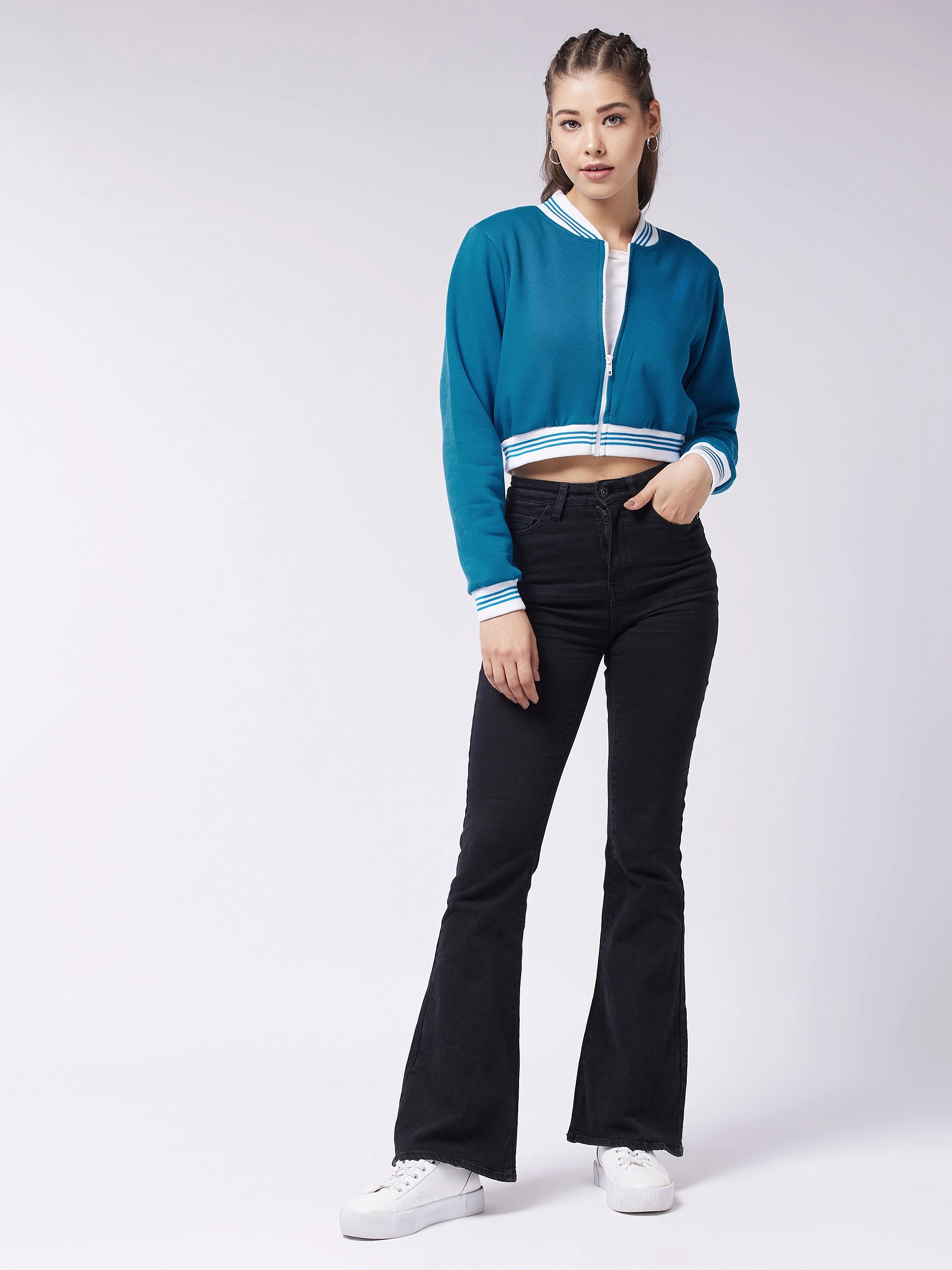 Softshell Fabric Army Style Women's Teal V-Neck Full Sleeve Solid Crop/Bomber Crop Jacket