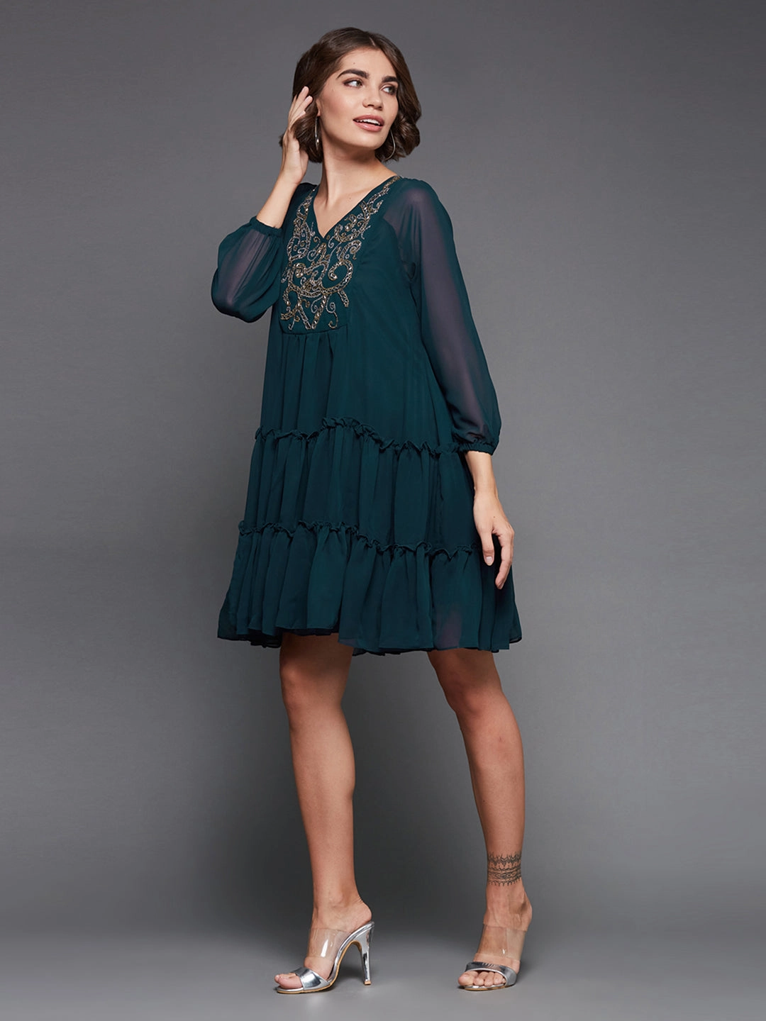 Sheer Panel Cool Draping Women's Teal V-neck Full Sleeve Solid Embellished Knee Length Dress