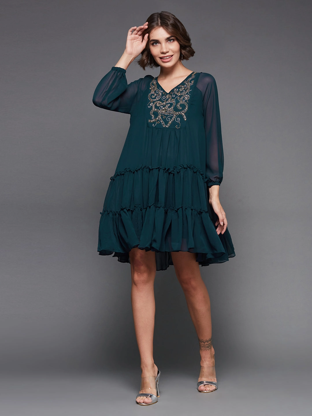 Women's Teal V-neck Full Sleeve Solid Embellished Knee Length Dress Modern Waist
