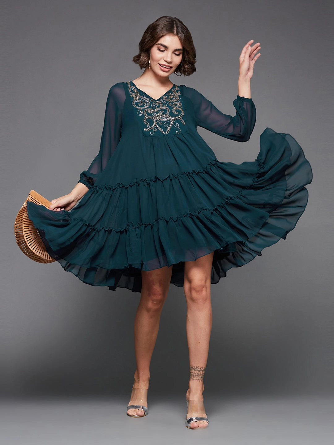 Women's Teal V-neck Full Sleeve Solid Embellished Knee Length Dress Tailored Fit Countryside-Style