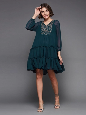 Women's Teal V-neck Full Sleeve Solid Embellished Knee Length Dress Modern Waist