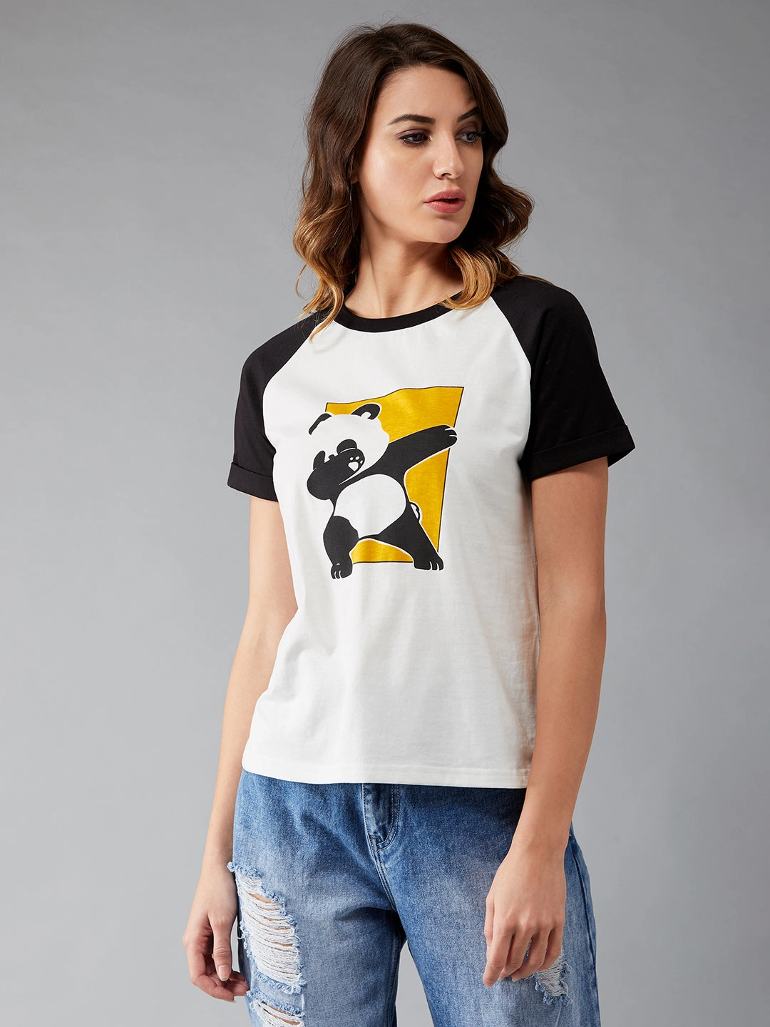 BondedHemline SweatWicking Fabric Women's White and Black Round Neck Short Sleeve Printed Basic Regular T-Shirt