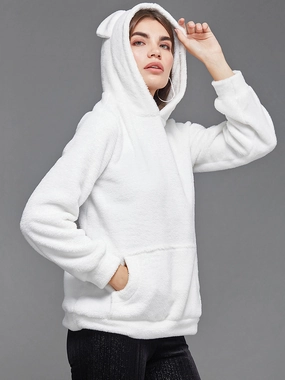 Pocket Details Velcro Fasten Women's White Full Sleeve Solid Patterned Pullover Styled Hooded Sweatshirt