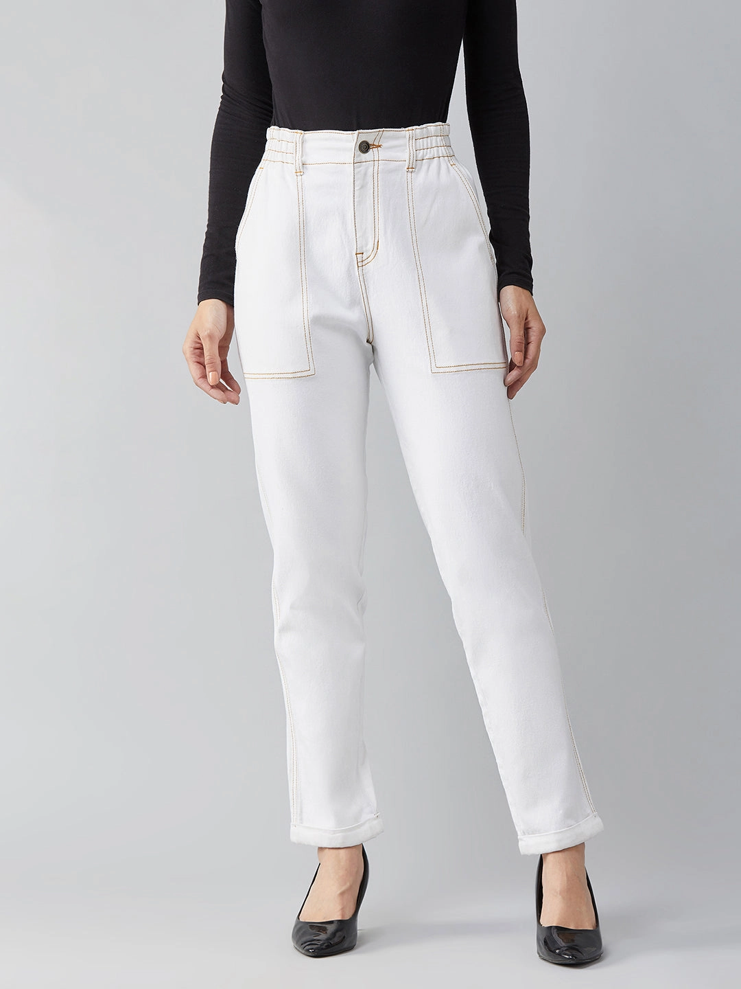 Sustainable Trend Setter Versatile Everyday Use Women's White Mom's Jean High-Rise Stretchable Denim Jeans