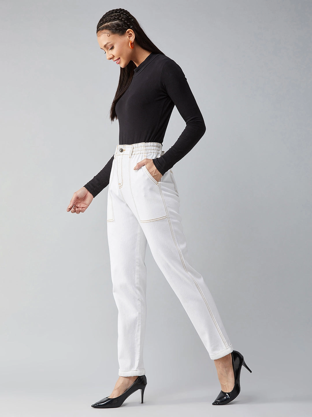 Women's White Mom's Jean High-Rise Stretchable Denim Jeans Classic Style