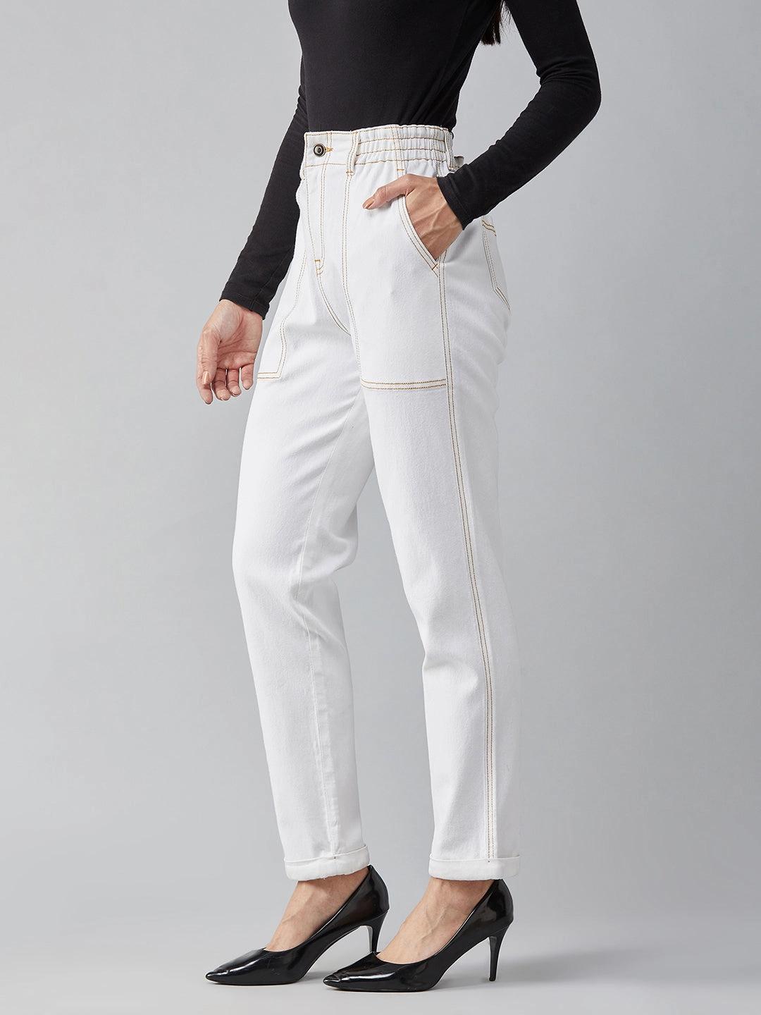 Flawless Design Women's White Mom's Jean High-Rise Stretchable Denim Jeans