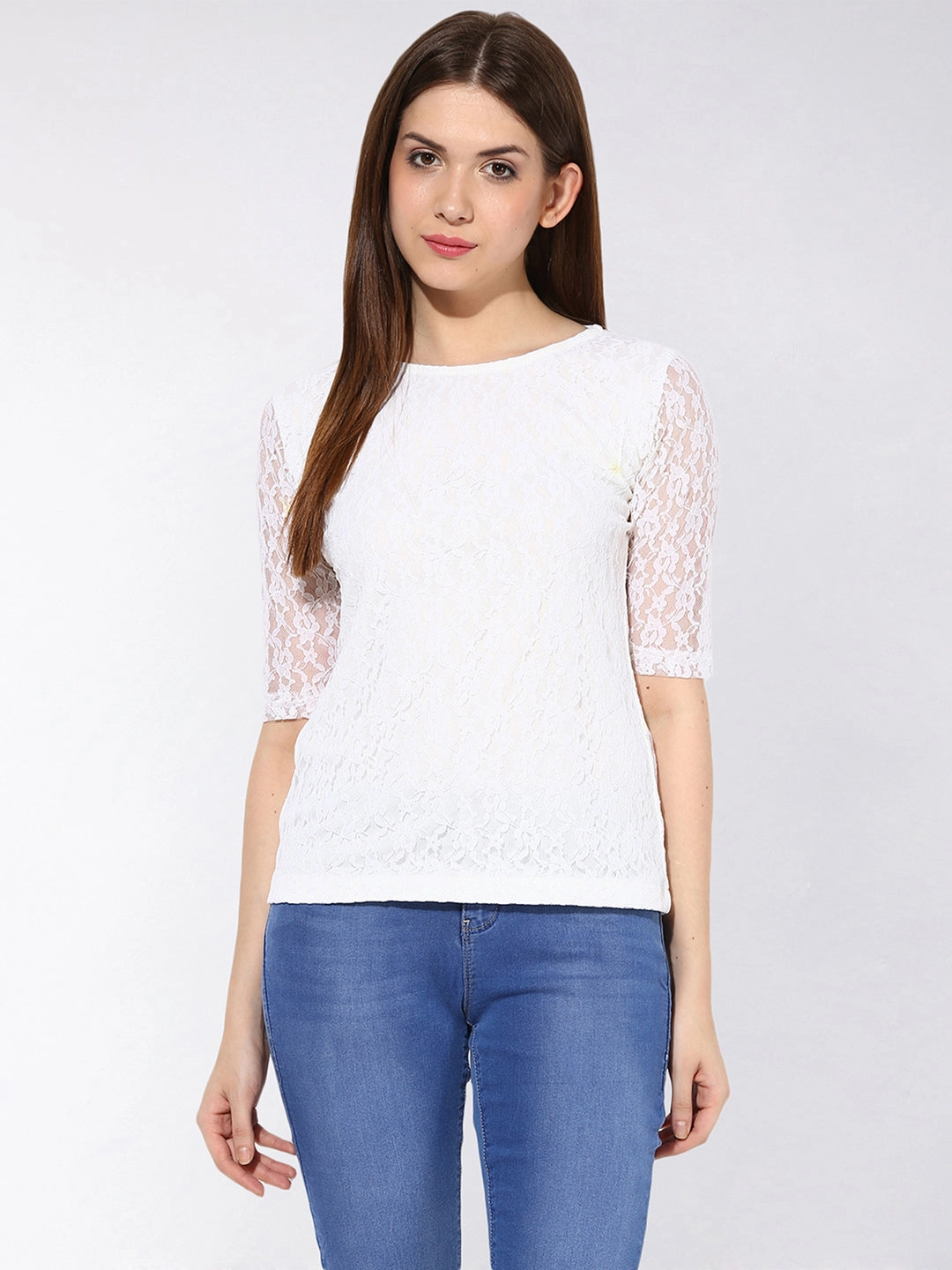 Women's White Round Neck 3/4th Sleeves Lace Top Bonded Seam Construction