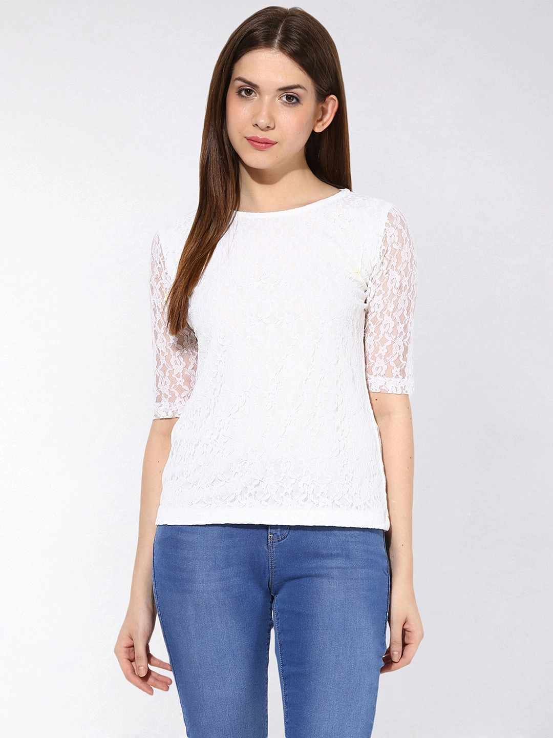 Stretch Fit Top Women's White Round Neck 3/4th Sleeves Lace Top