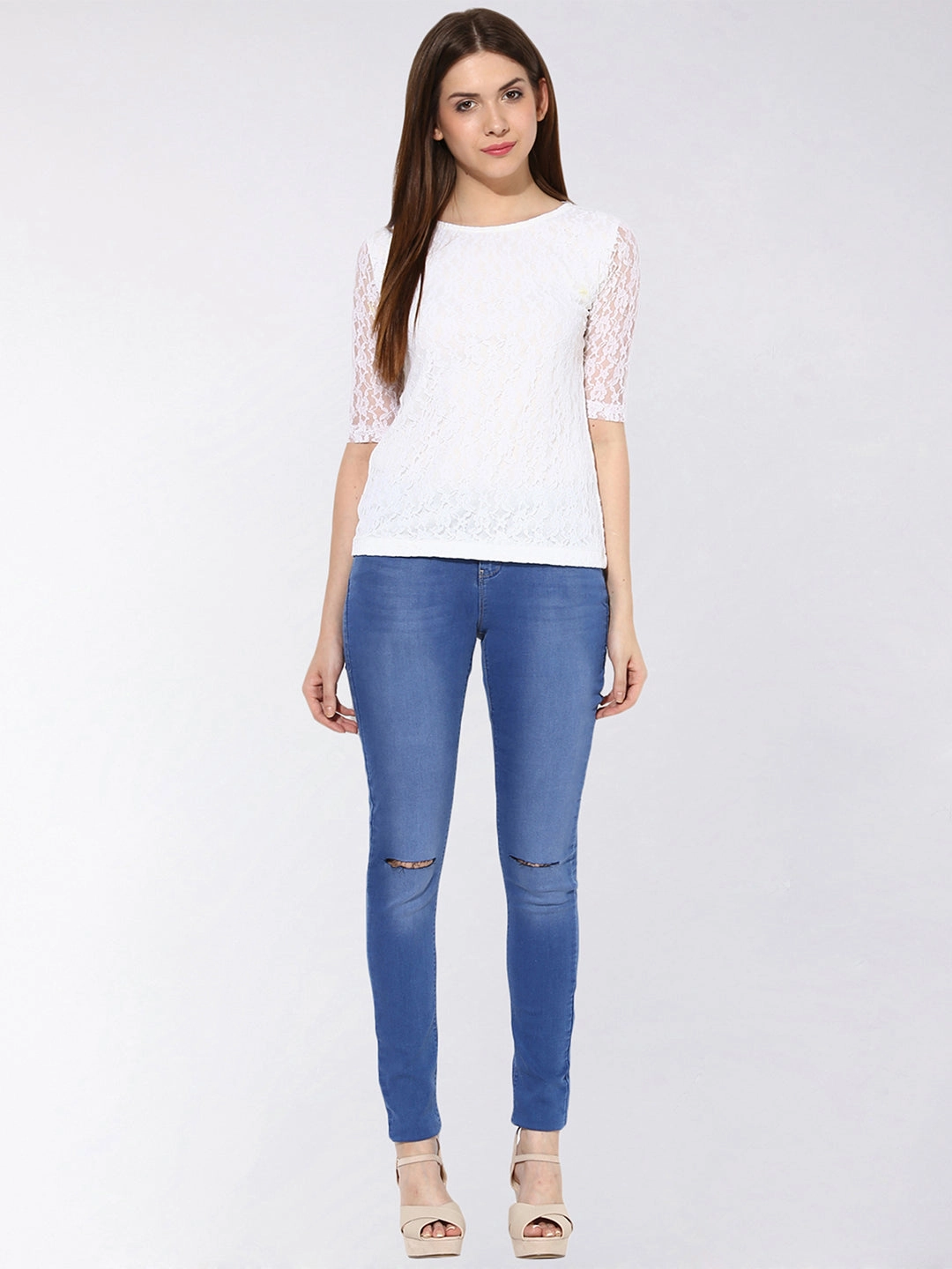 Women's White Round Neck 3/4th Sleeves Lace Top Comfy Layer