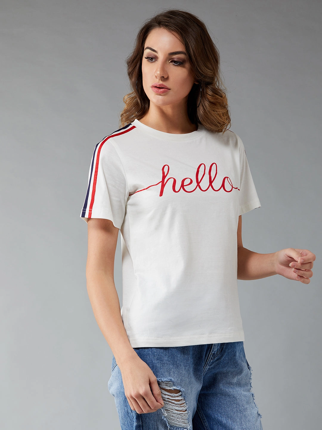 NonIrritating Seams LowImpact Manufacturing Women's White Round Neck Half Sleeve Printed Basic Regular T-Shirt
