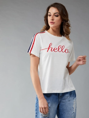 AntiPillTreatment Women's White Round Neck Half Sleeve Printed Basic Regular T-Shirt