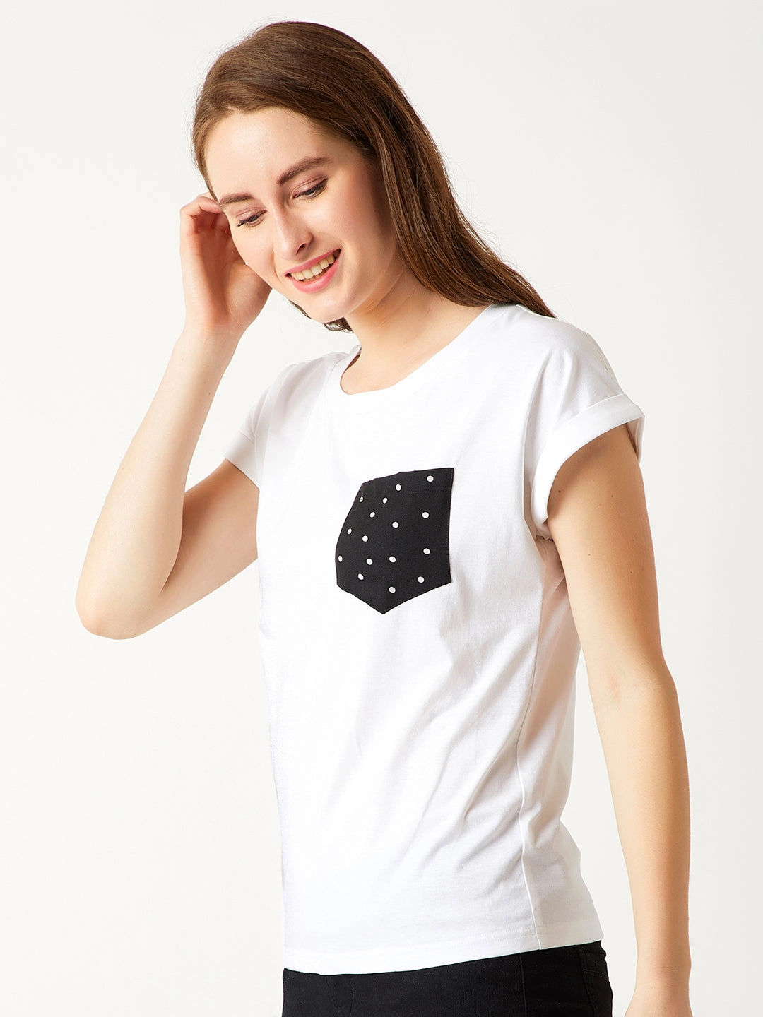 Double Stitched Hems Women's White Round Neck Short Sleeve Cotton Solid Polka Dot Patch Pocket T-Shirt