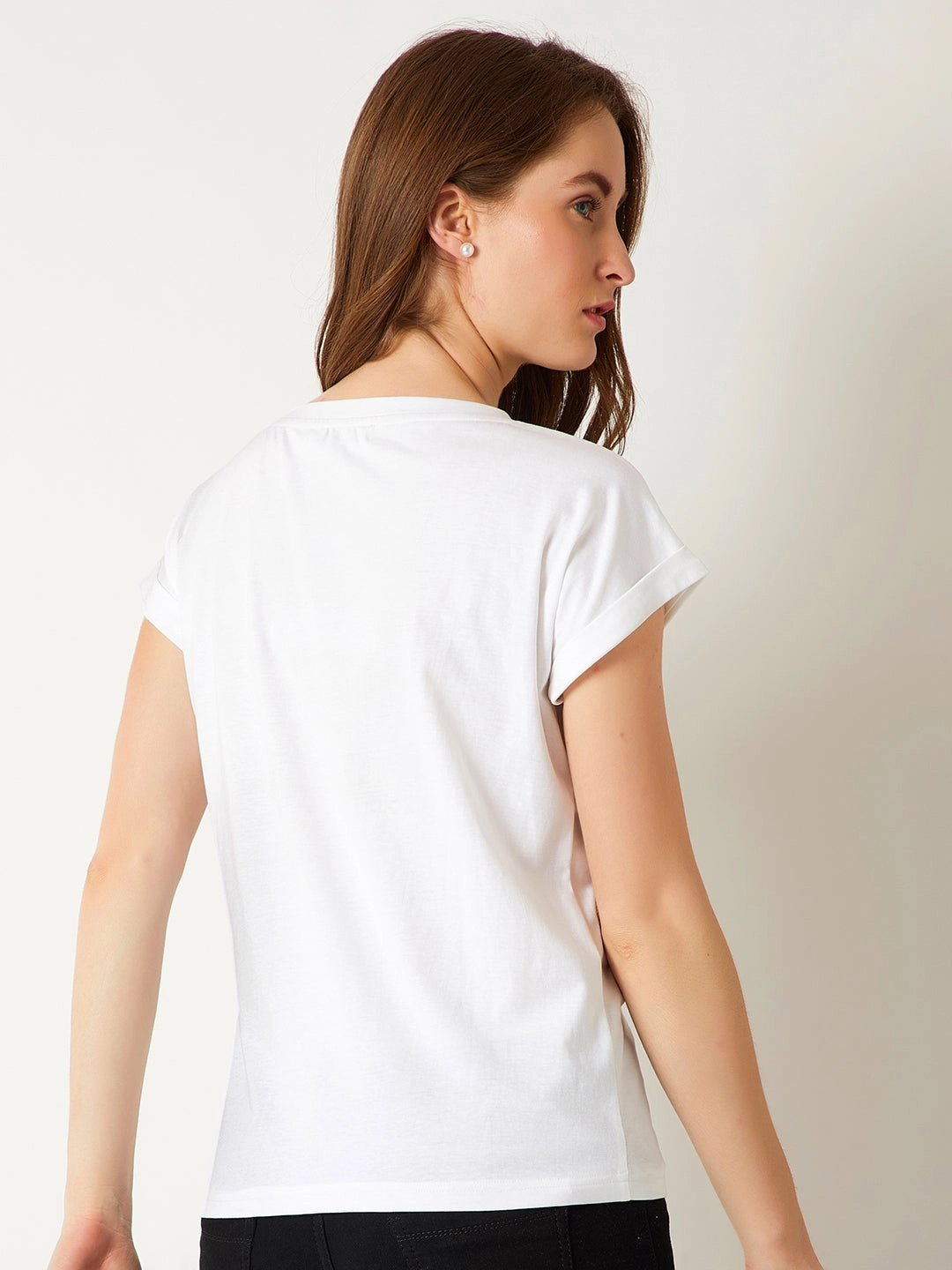 Smooth Stitching Women's White Round Neck Short Sleeve Cotton Solid Polka Dot Patch Pocket T-Shirt