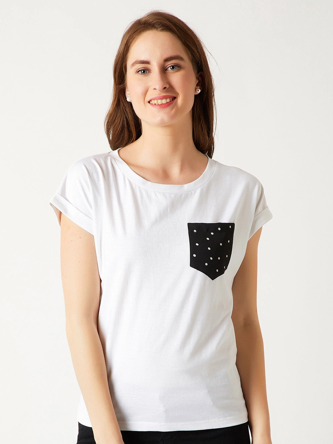 Women's White Round Neck Short Sleeve Cotton Solid Polka Dot Patch Pocket T-Shirt Flexible Shoulder Gusset Full Coverage Fit