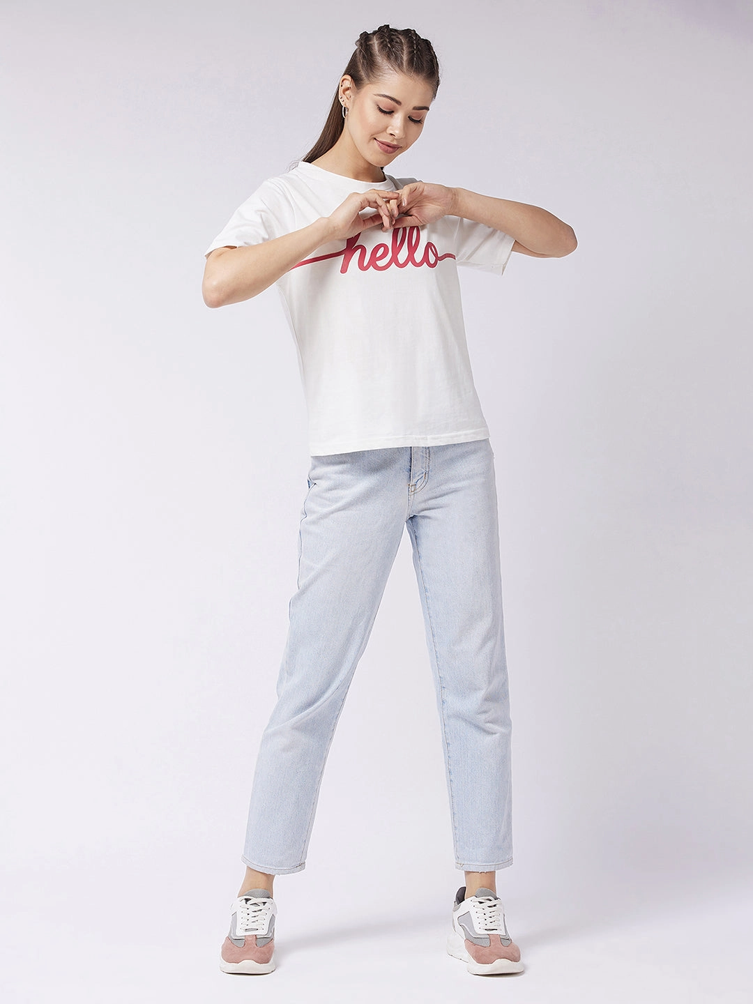 HighElasticity Women's White Round Neck Short Sleeve Solid Regular T-shirt