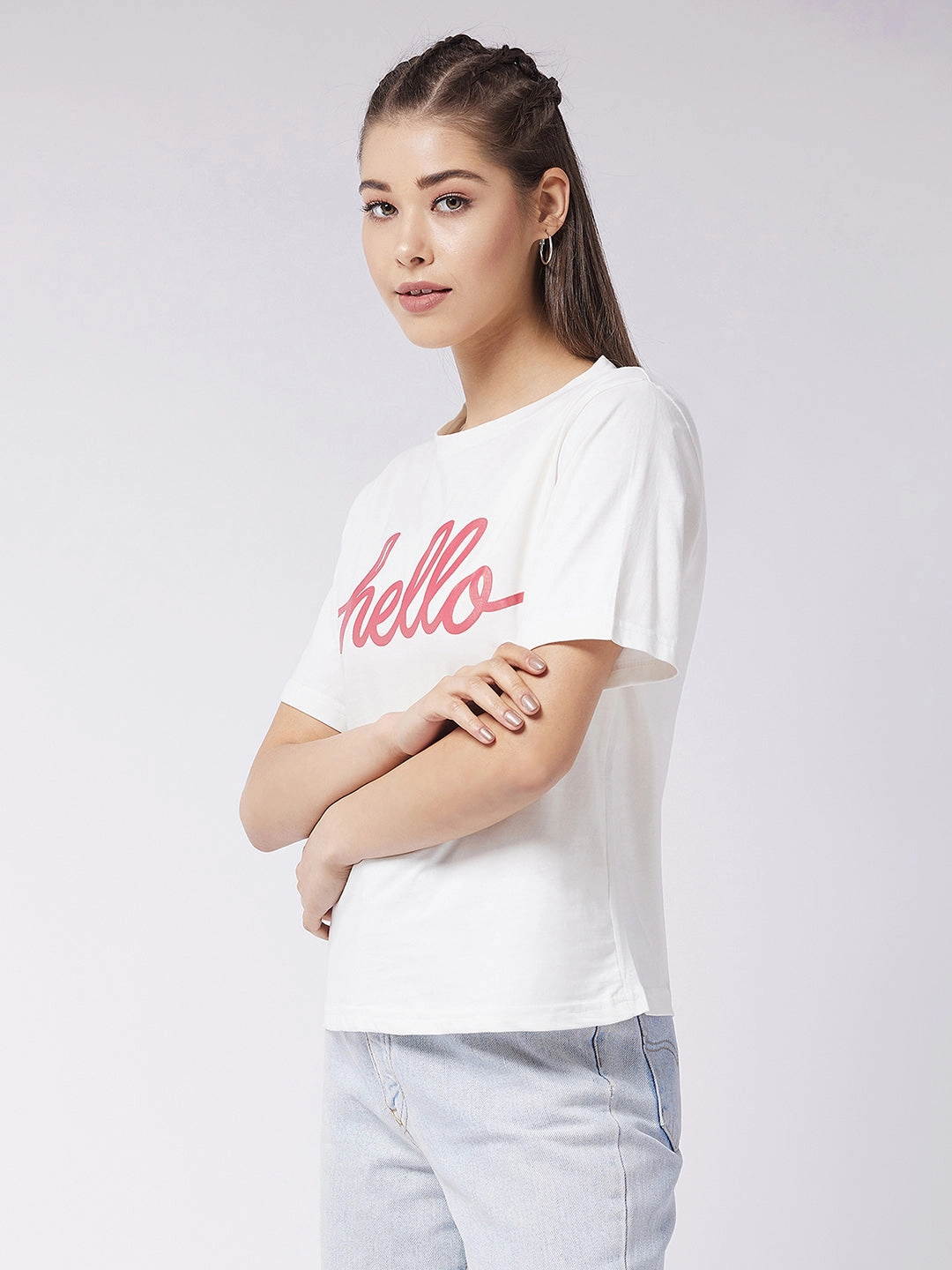 Women's White Round Neck Short Sleeve Solid Regular T-shirt Ultraviolet Protection Finish