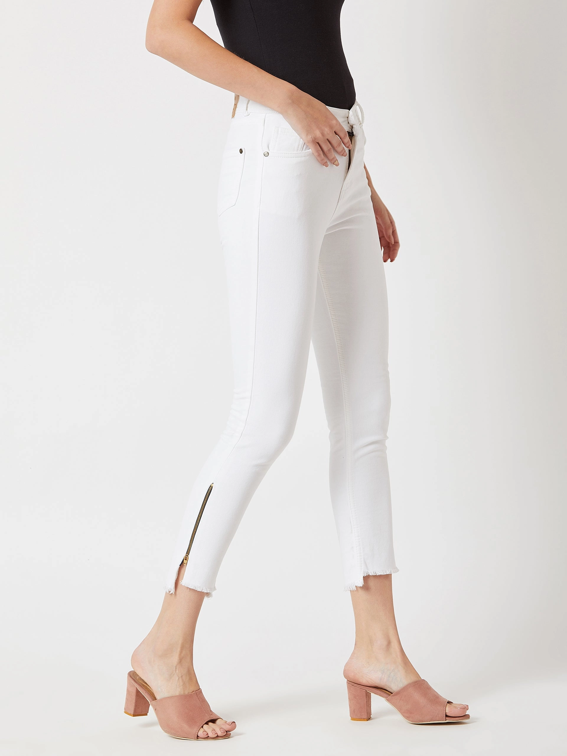 Family Style Casual Work Meeting Clean Cut Women's White Skinny-Fit High-Rise Side-Slit Raw Edge Cropped Stretchable Denim Jeans