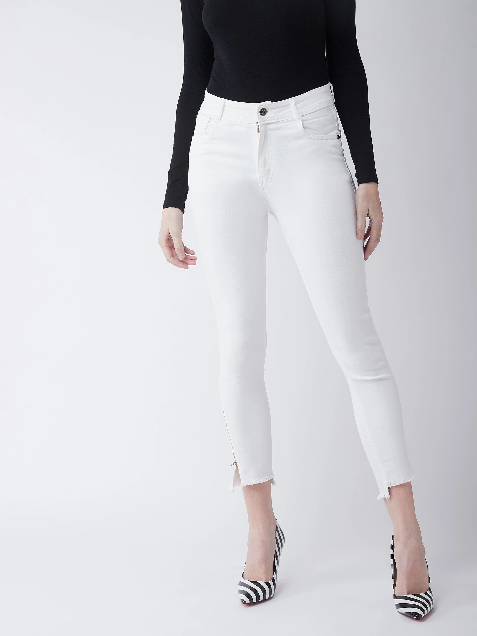 Women's White Skinny-Fit High-Rise Side-Slit Raw Edge Detailing Clean-Look Cropped Stretchable Denim Jeans Pre Shrunk Material