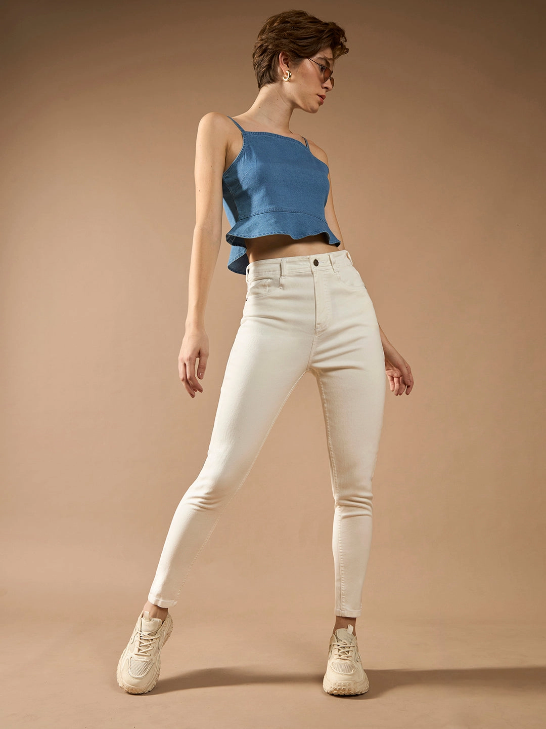 Neutral Daily Wear Women's White Skinny High-Rise Clean-Look Bleached Regular-Length Stretchable Denim Jeans