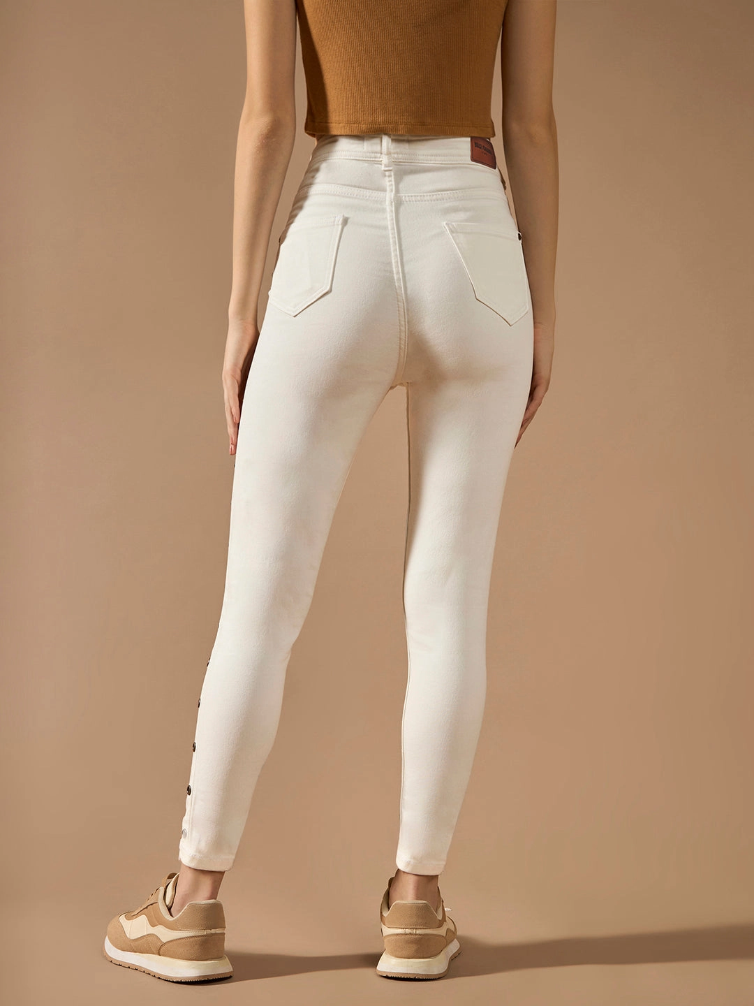 Women's White Skinny High-Rise Clean-Look Eyelet detailing Regular-Length Stretchable Denim Jeans Daily Favorite