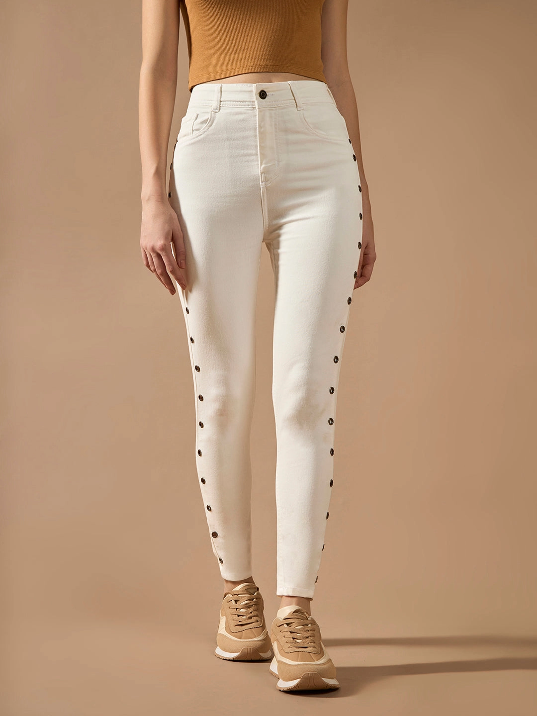 Women's White Skinny High-Rise Clean-Look Eyelet detailing Regular-Length Stretchable Denim Jeans Daily Style On The Go