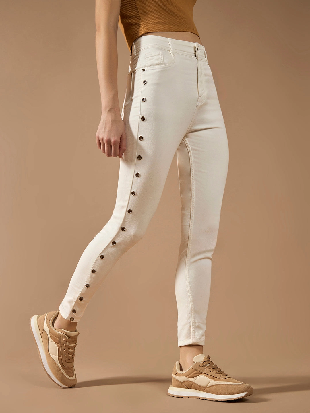 Women's White Skinny High-Rise Clean-Look Eyelet detailing Regular-Length Stretchable Denim Jeans Reinforced Stitching Details
