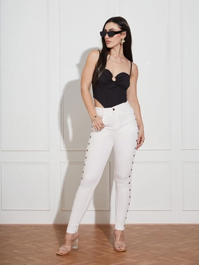 Timeless Match Women's White Skinny High Rise Clean Look Eyelet detailing Regular length Stretchable Denim Jeans