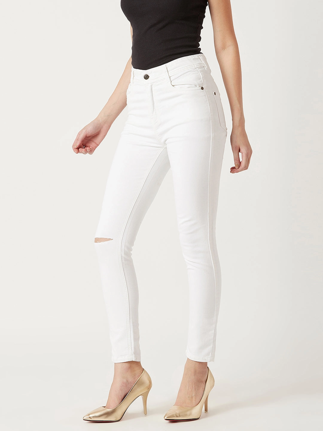 Women's White Skinny High-Rise Knee-Slit Bleached Stretchable Denim Jeans Spring Mood Bold Look