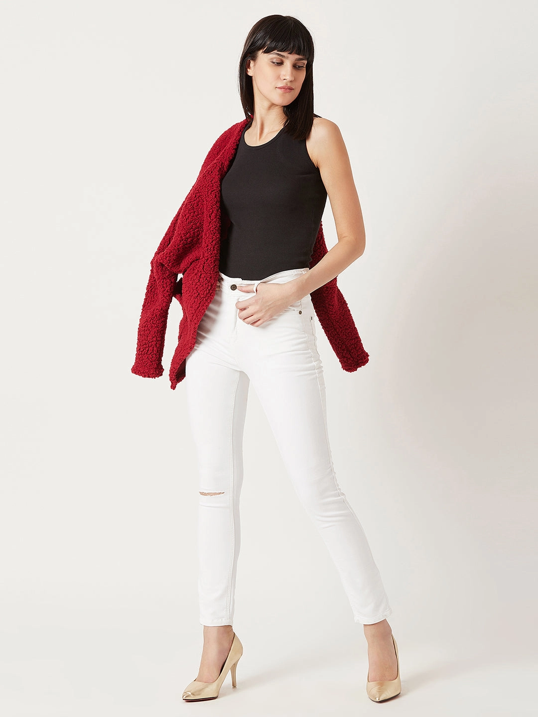 All Season Fit Women's White Skinny High-Rise Knee-Slit Bleached Stretchable Denim Jeans