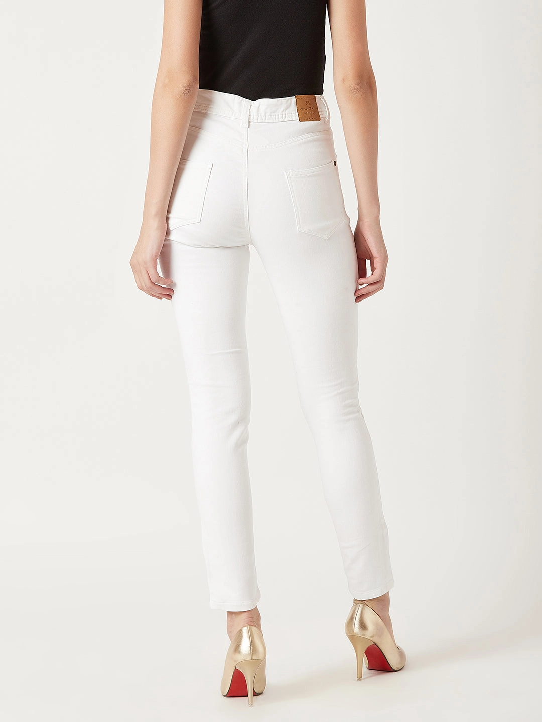 Strong Stitch Style Layer Women's White Skinny High-Rise Knee-Slit Bleached Stretchable Denim Jeans