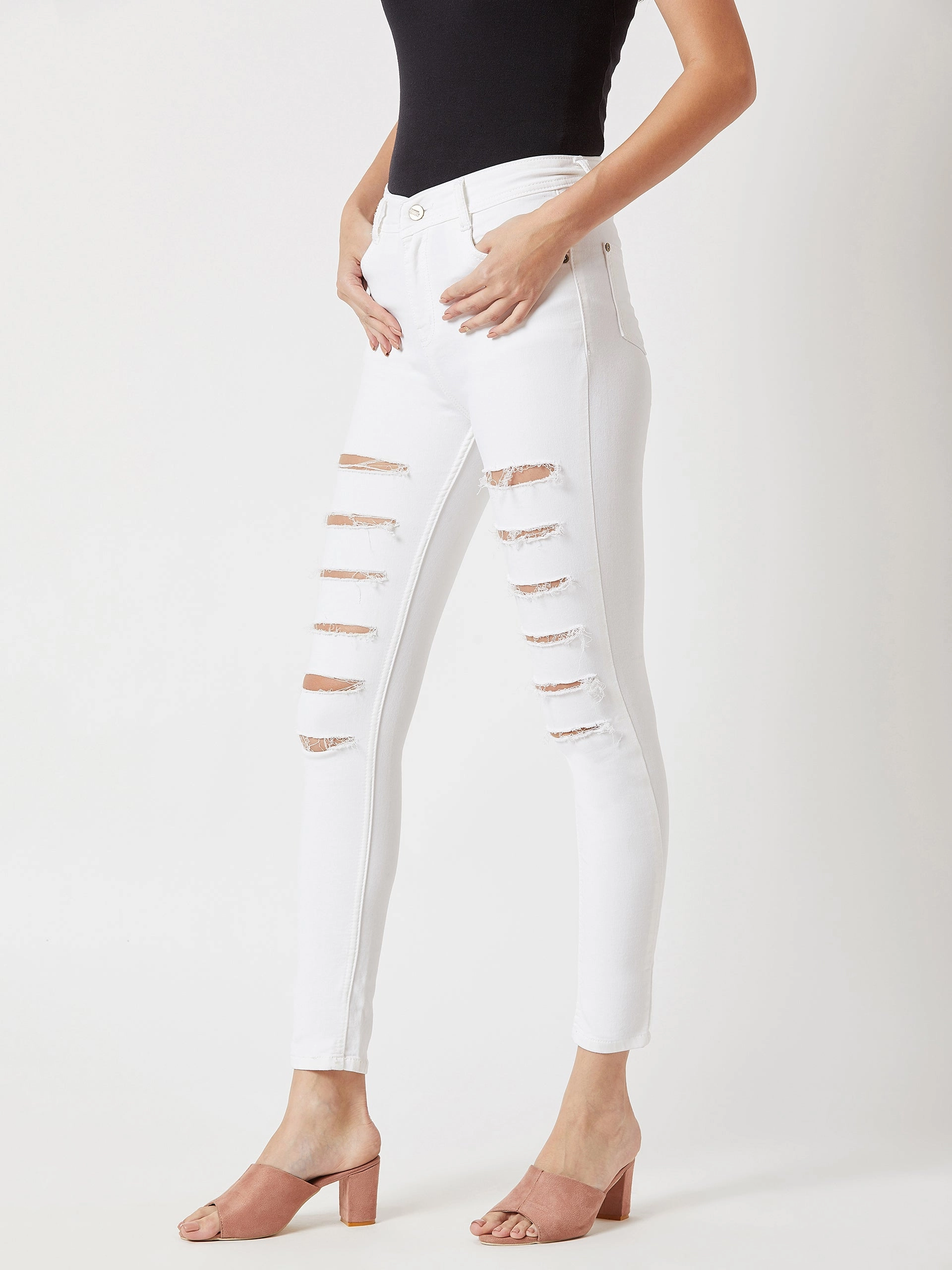 Anti Snag Thread Technology Premium Look Women's White Skinny High-Rise Ripped Stretchable Denim Jeans