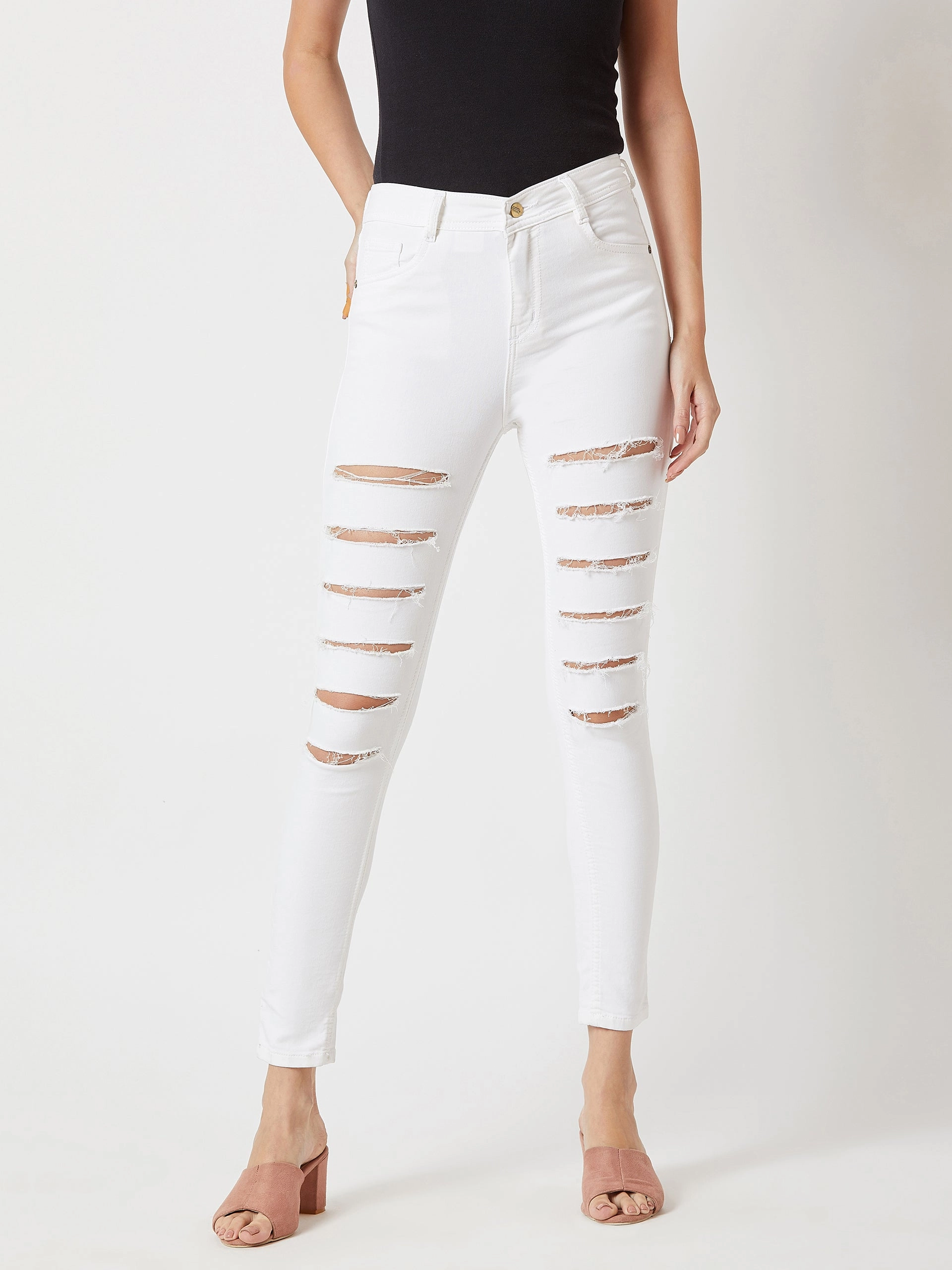 Shrink Resistant Denim Fit And Easy Women's White Skinny High-Rise Ripped Stretchable Denim Jeans