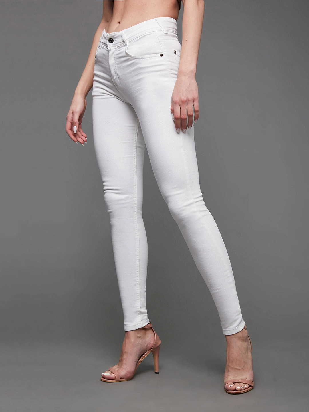 Women's White Skinny High-Rise Stretchable Denim Jeans elastic waistband