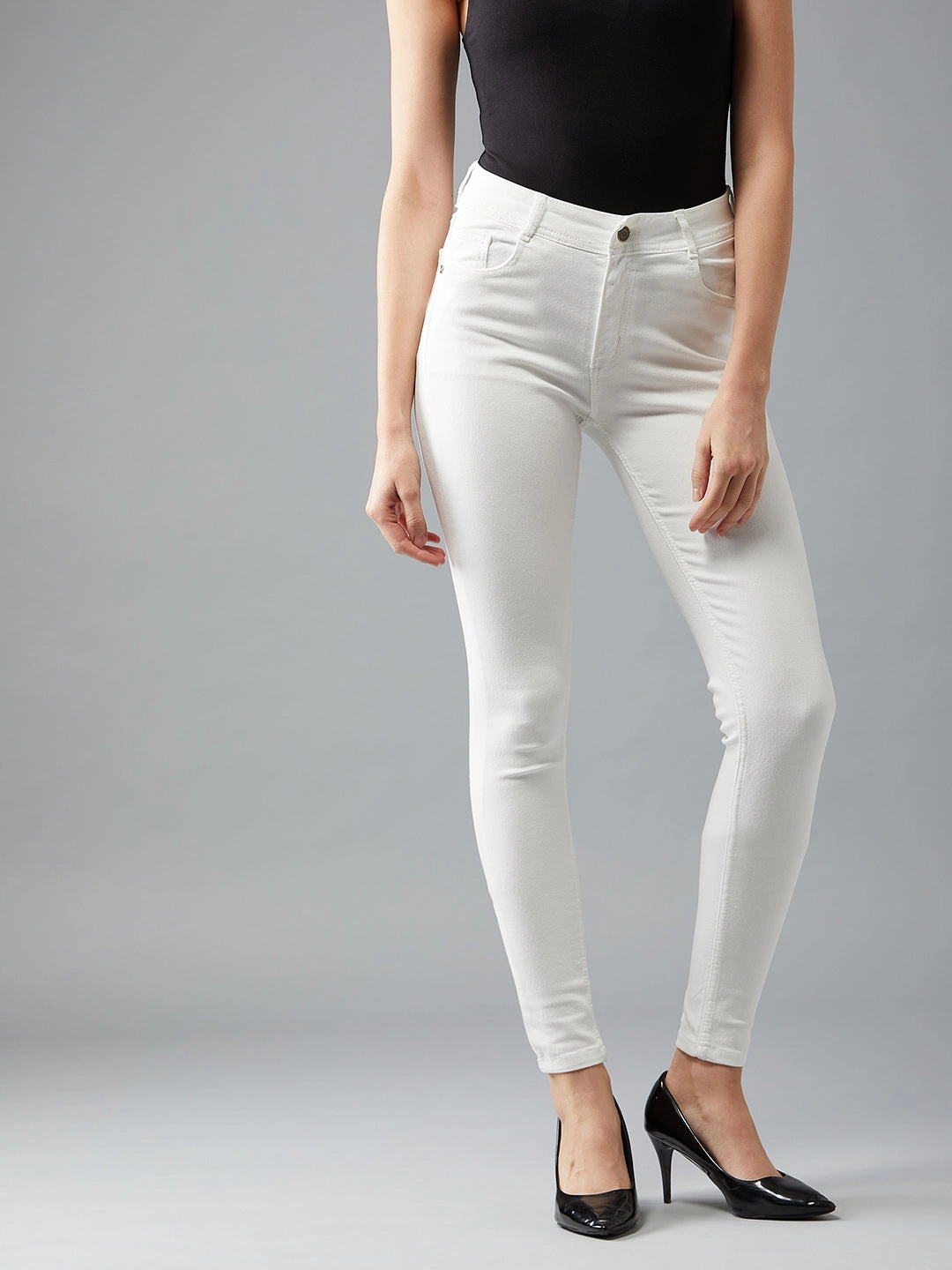 Women's White Skinny Mid-Rise Stretchable Denim Jeans Relaxed Design Style