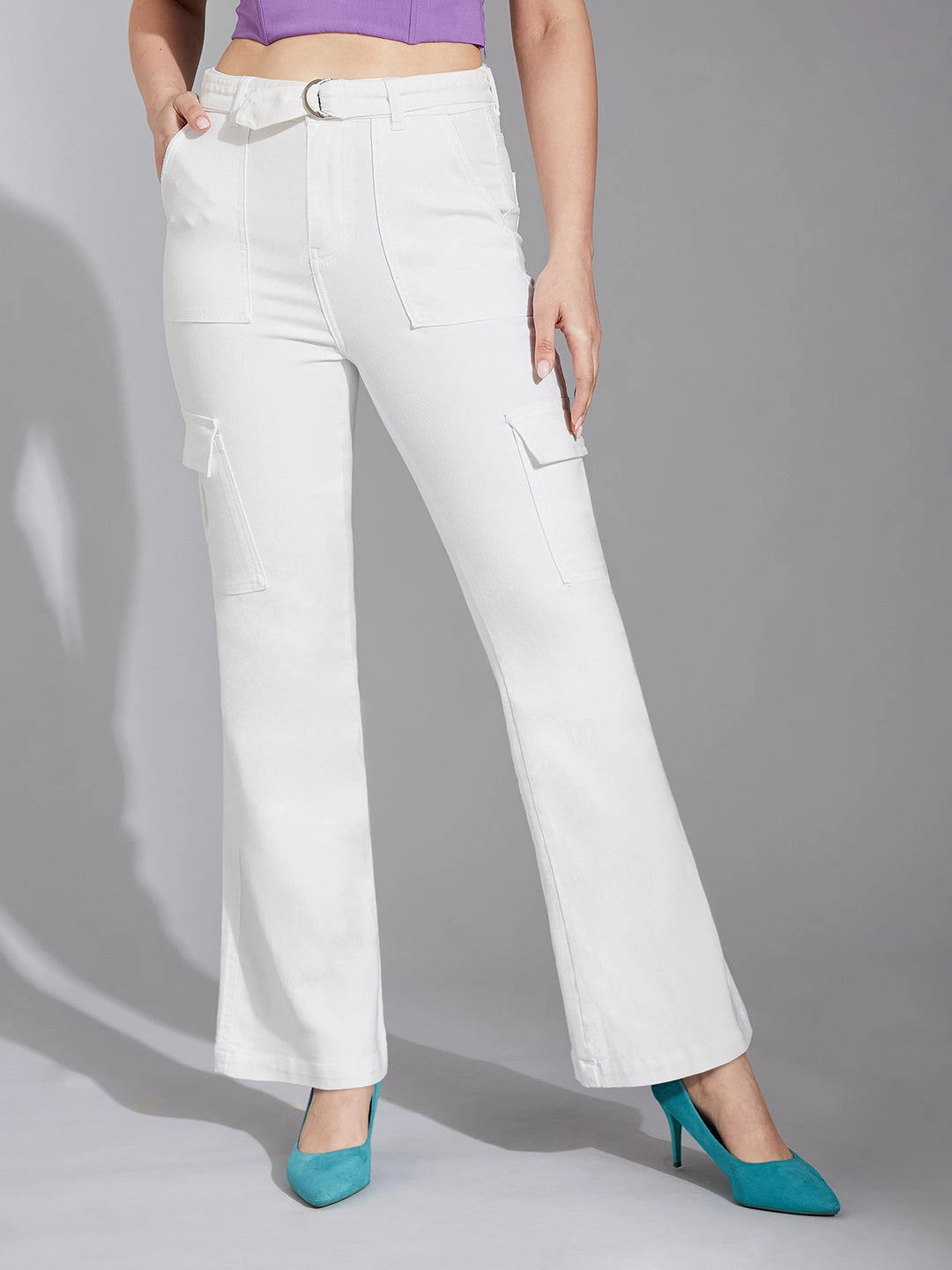 Durable Hardware All Day Wear Women's White Wide-Leg High-Rise Clean-Look Regular Stretchable Denim Jeans