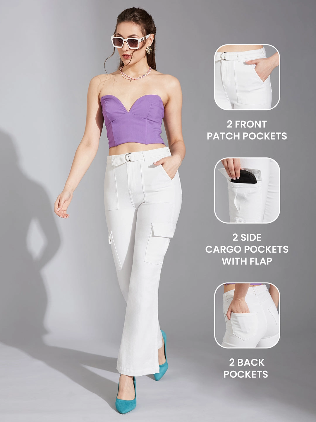 Easy Option Women's White Wide-Leg High-Rise Clean-Look Regular Stretchable Denim Jeans