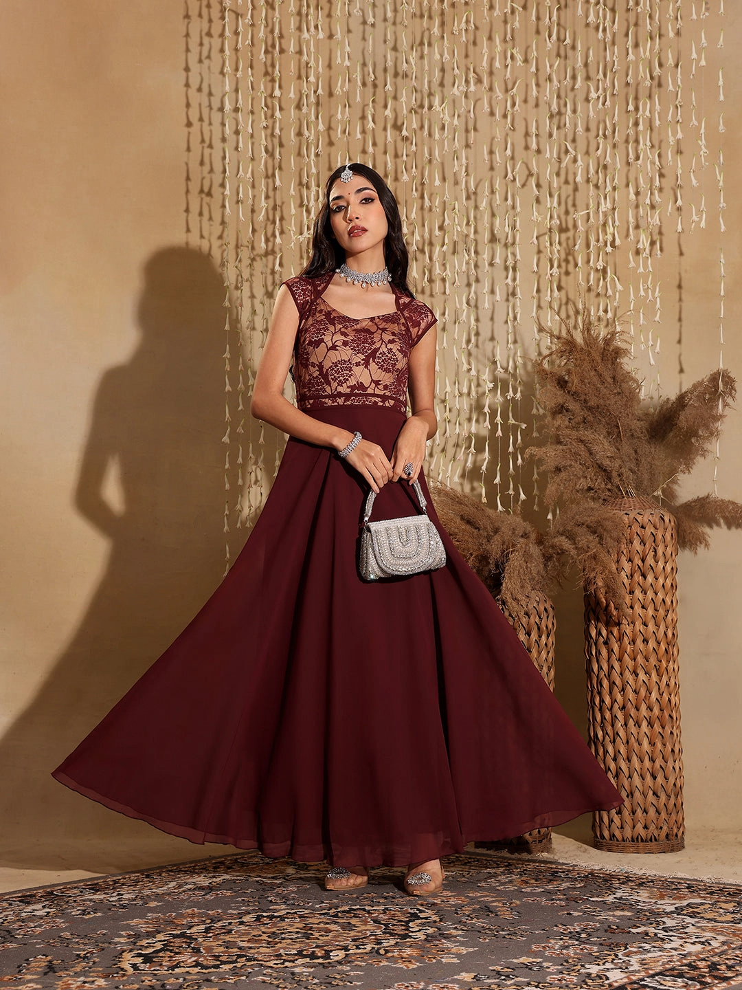 Romantic Vibes Natural Wrap Women's Wine & Beige Floral V - Neck Cap Short Sleeves Lace Overlaid Fit & Flare Paneled Maxi Dress