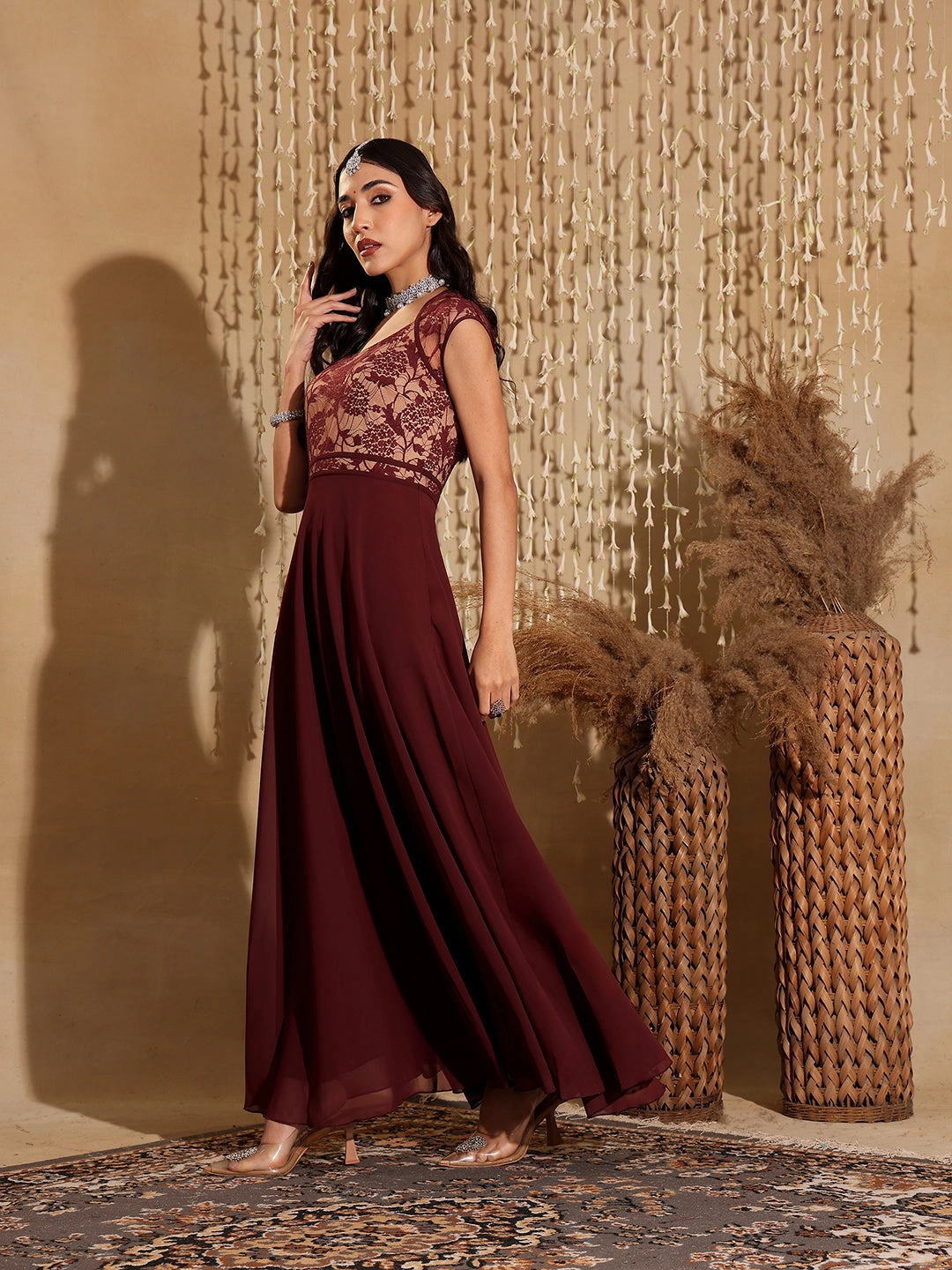 Women's Wine & Beige Floral V - Neck Cap Short Sleeves Lace Overlaid Fit & Flare Paneled Maxi Dress Travel Ready Perfectly Fit Look