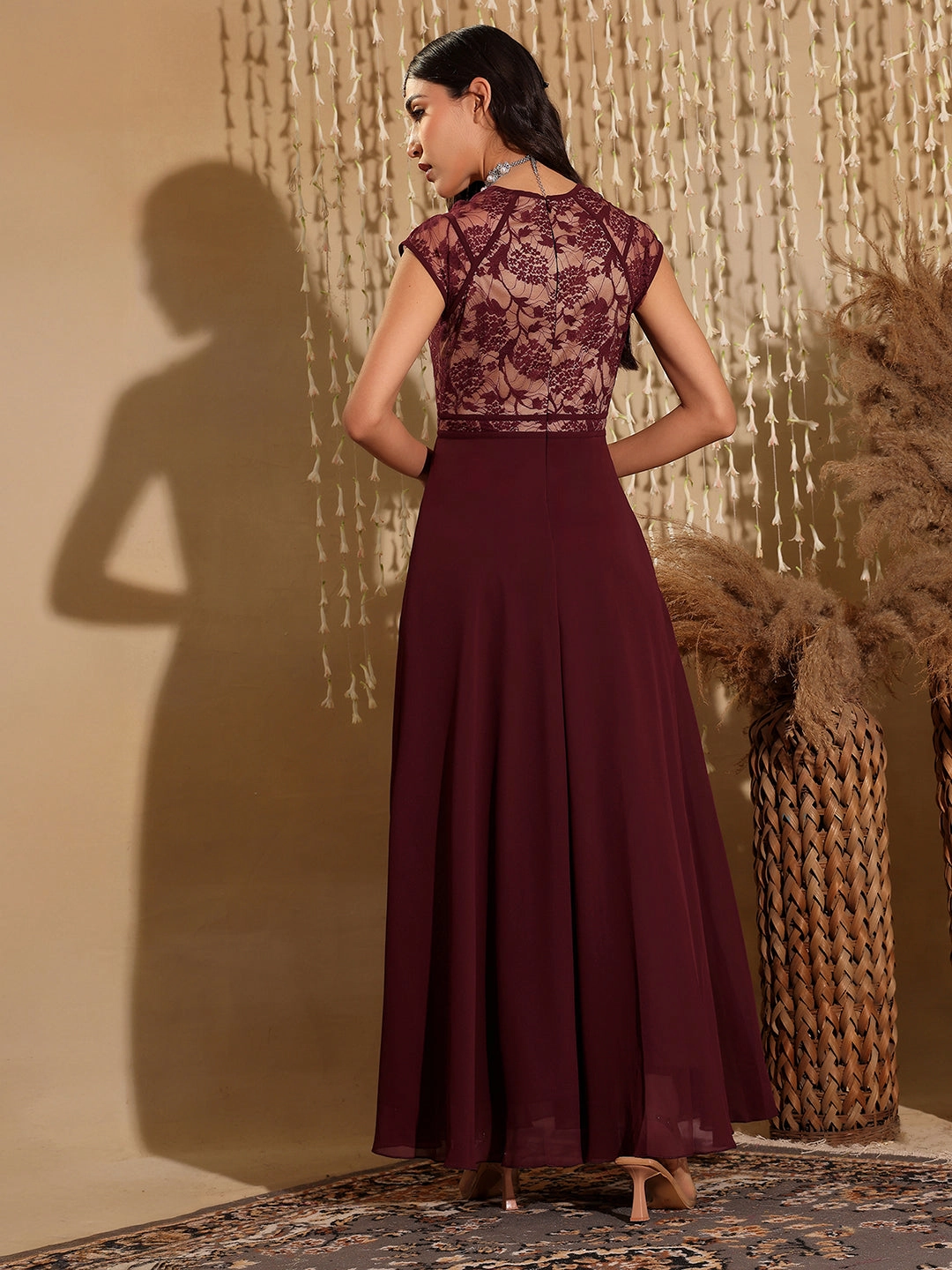 Gentle Drape Cozy Vibes Women's Wine & Beige Floral V - Neck Cap Short Sleeves Lace Overlaid Fit & Flare Paneled Maxi Dress