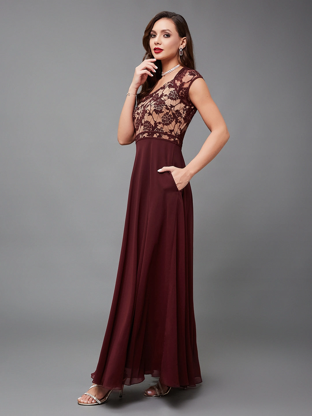 Satin-Sleeve Fresh Fit Women's Wine & Beige Short Sleeves Lace Overlaid Fit & Flare Maxi Dress