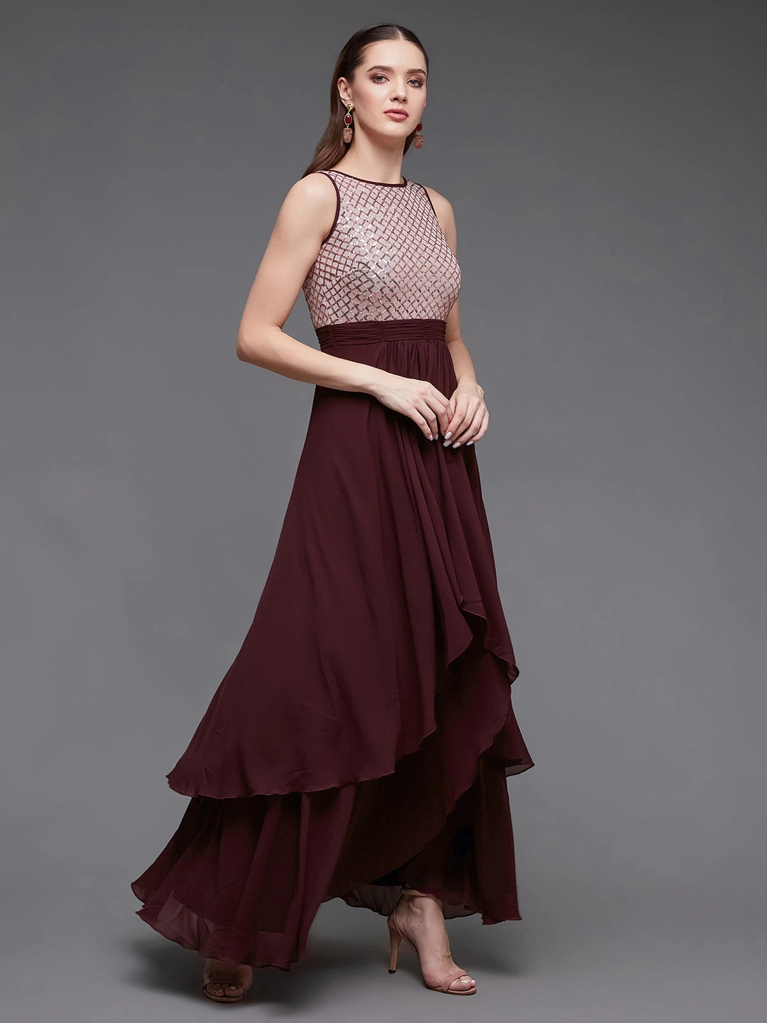 Women's Wine & Peach Boat Neck Sleeveless Embellished Maxi Dress Light and Comfortable Wear