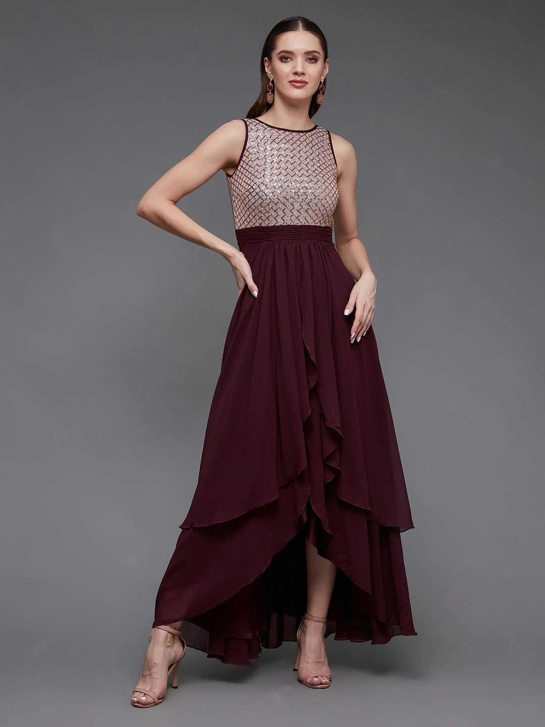 Refined Simplicity Youth Charm Women's Wine & Peach Boat Neck Sleeveless Embellished Maxi Dress