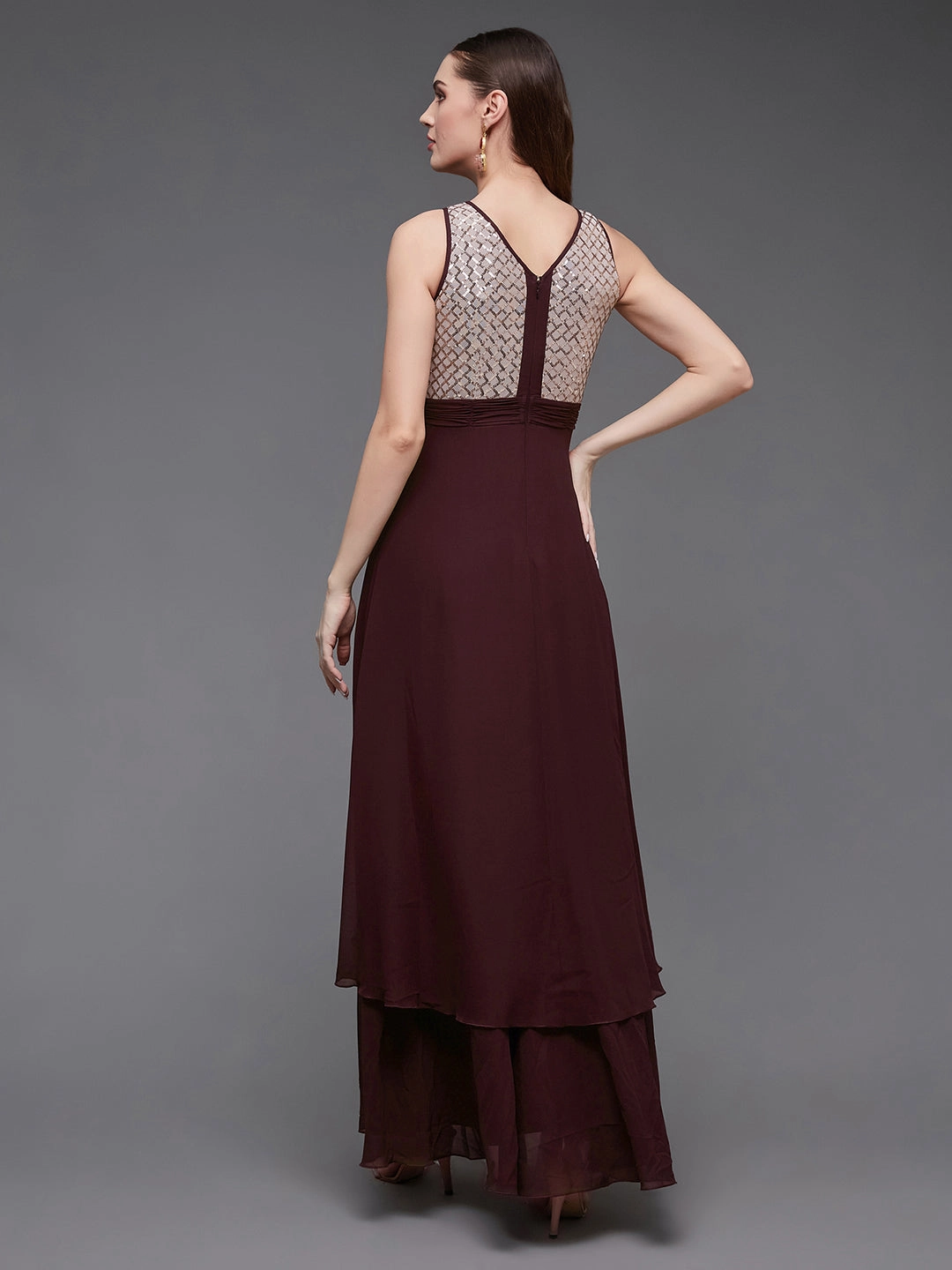 Lightweight Piece Women's Wine & Peach Boat Neck Sleeveless Embellished Maxi Dress