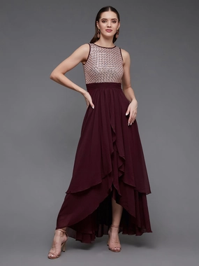 Refined Simplicity Youth Charm Women's Wine & Peach Boat Neck Sleeveless Embellished Maxi Dress