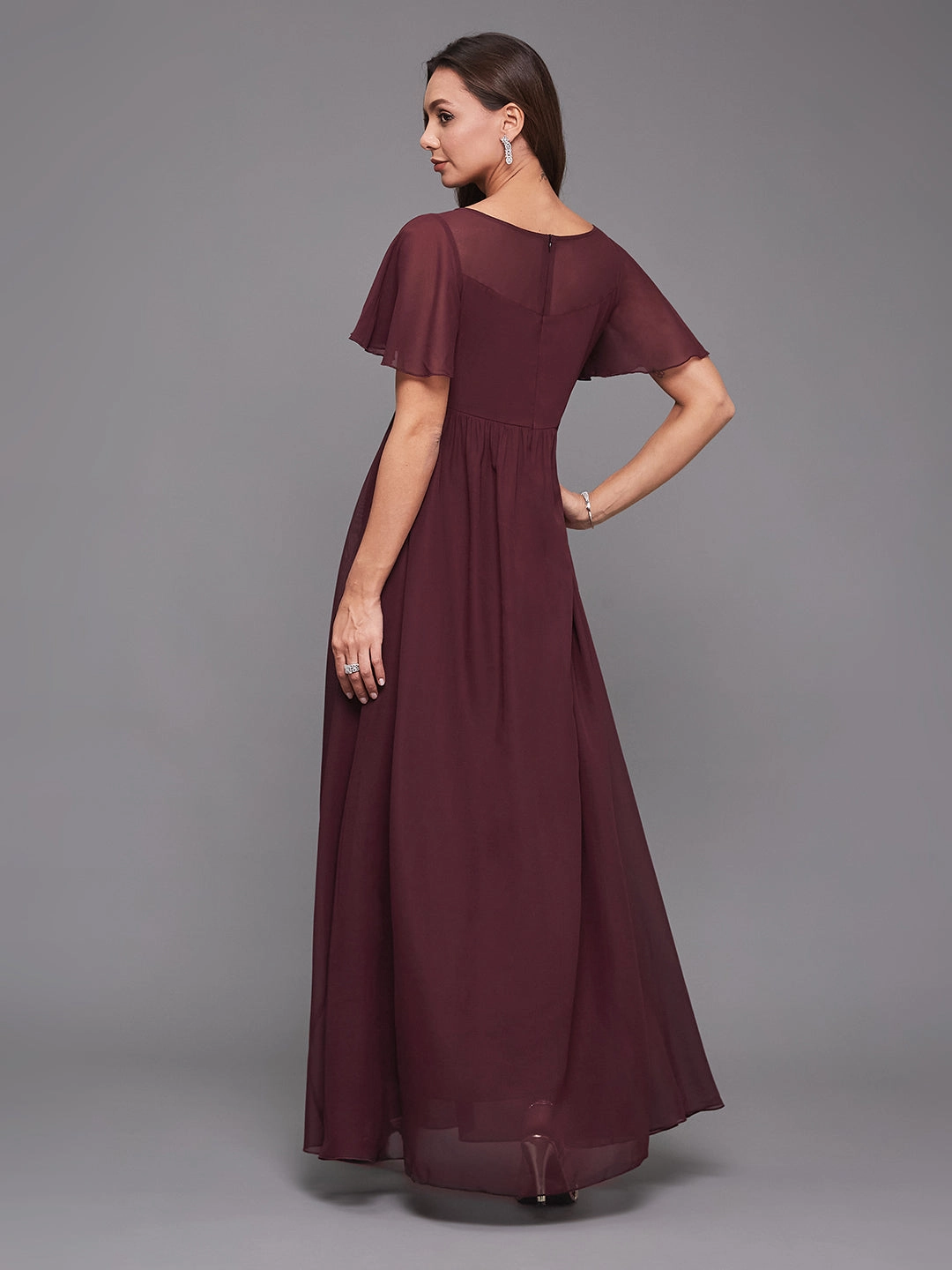 Light Shape Cozy Drape Women's Wine Boat Neck Half Sleeve Solid Embellished Georgette Maxi Dress