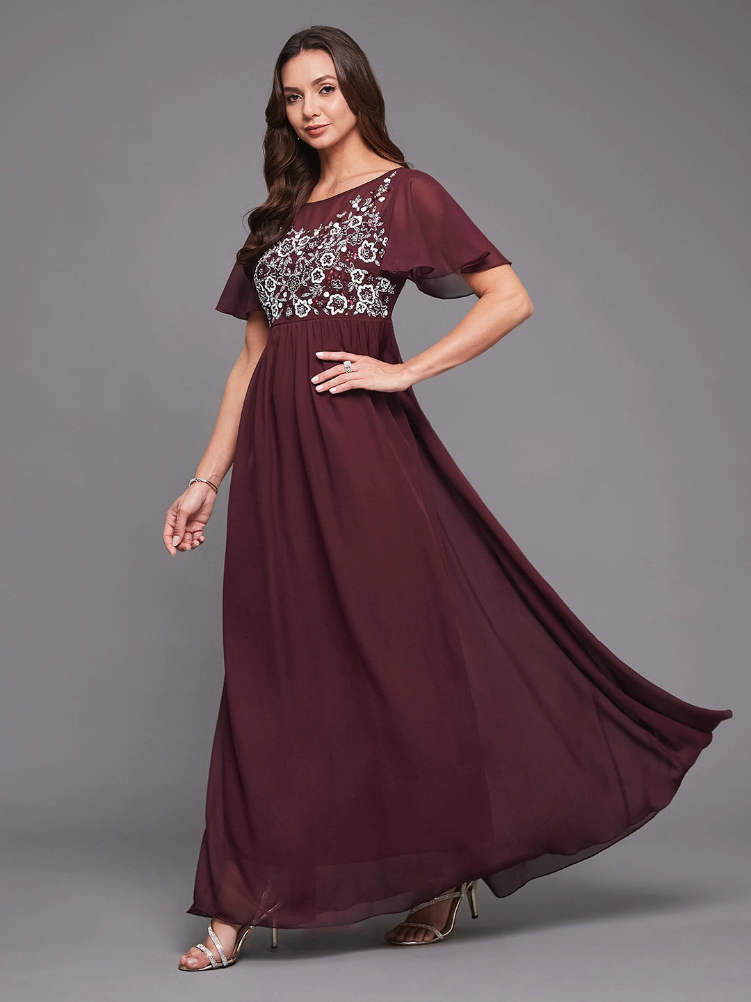 Women's Wine Boat Neck Half Sleeve Solid Embellished Georgette Maxi Dress Gloss Finish Petite Chic