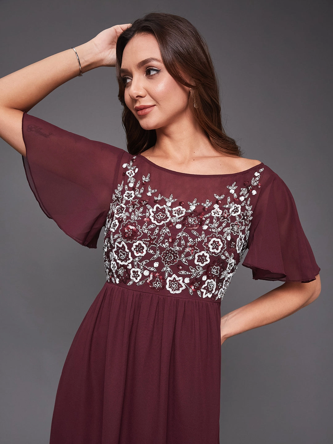 relaxed elegance Women's Wine Boat Neck Half Sleeve Solid Embellished Georgette Maxi Dress