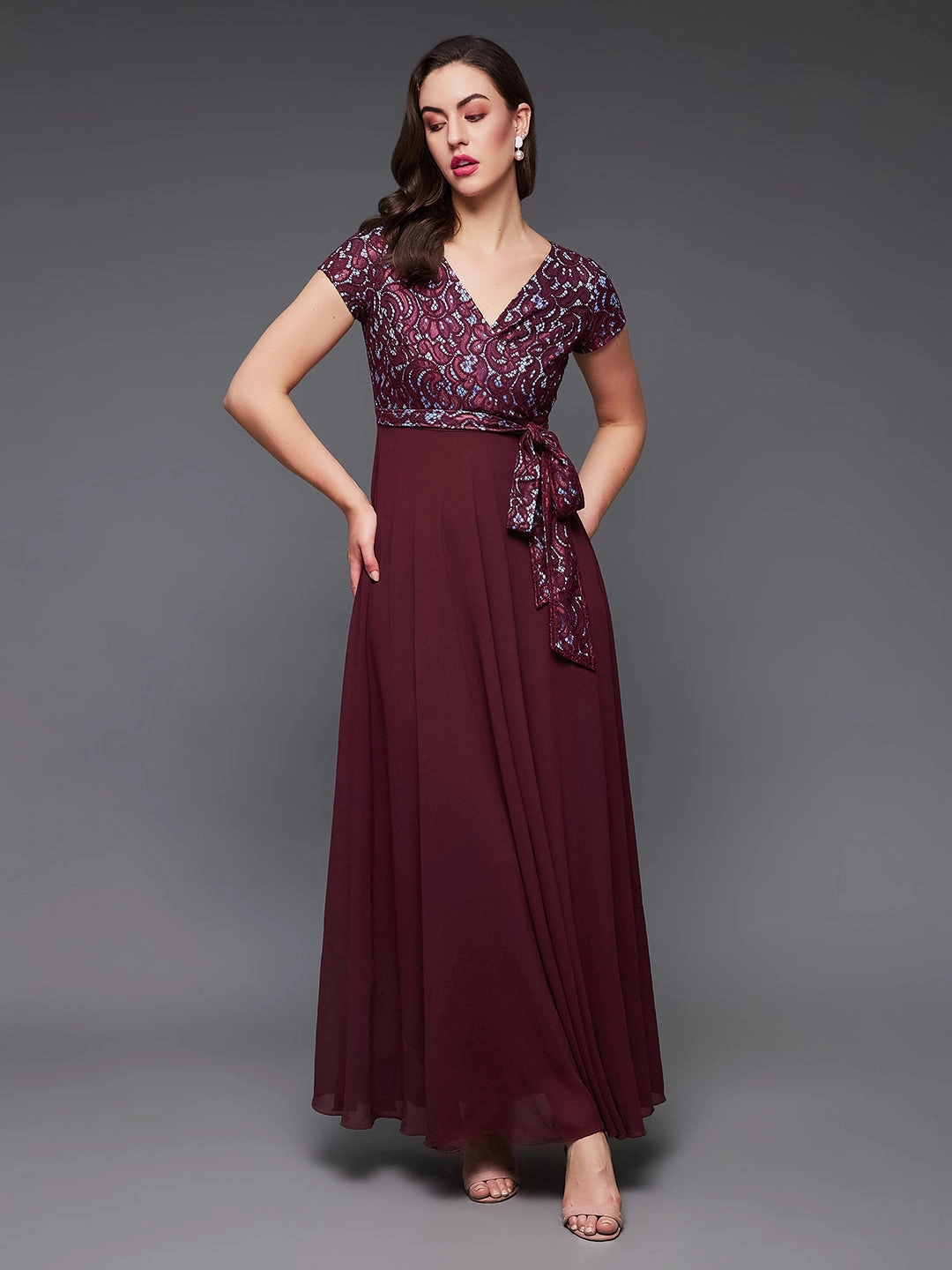 Women's Wine Colored V-Neck Short Sleeve Self Designed Lace Overlaid Maxi Georgette Dress soft look
