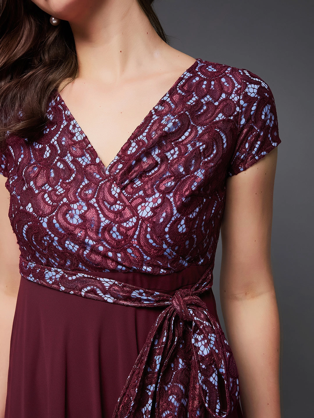 Women's Wine Colored V-Neck Short Sleeve Self Designed Lace Overlaid Maxi Georgette Dress Summer Outfit