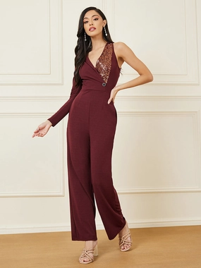 Women's Wine Embellished Shawl Collar Asymmetric Polyester Blazer-Styled Slim Fit Regular Jumpsuit Smart Waist Design